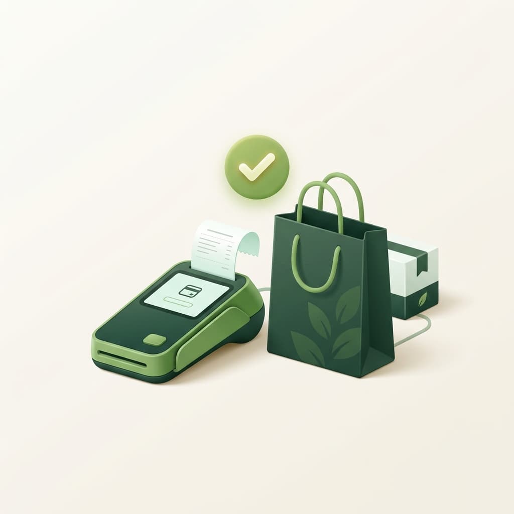 Illustration of a card payment terminal printing a receipt beside a shopping bag